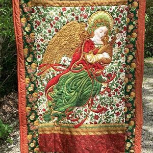 NWT. Hand Crafted Quilt Golden Christmas Angel Playing Lute